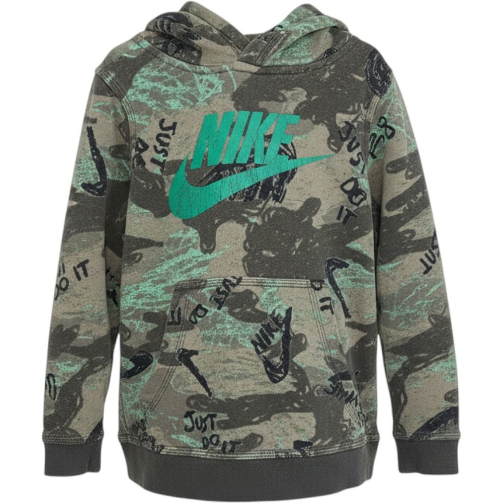 Nike Boys Camo Pullover Hoodie Just Do It Logo Green Black Fleece Sweatshirt